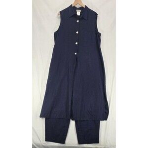 Coldwater Creek Womens 2-Piece Set Linen Tunic Top Crop Pants Blue Lagenlook XL